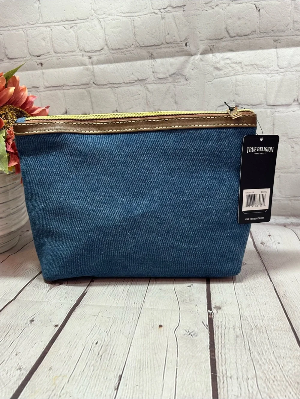 NWT True Religion Blue denim cosmetic Toiletry pouch travel makeup bag boho